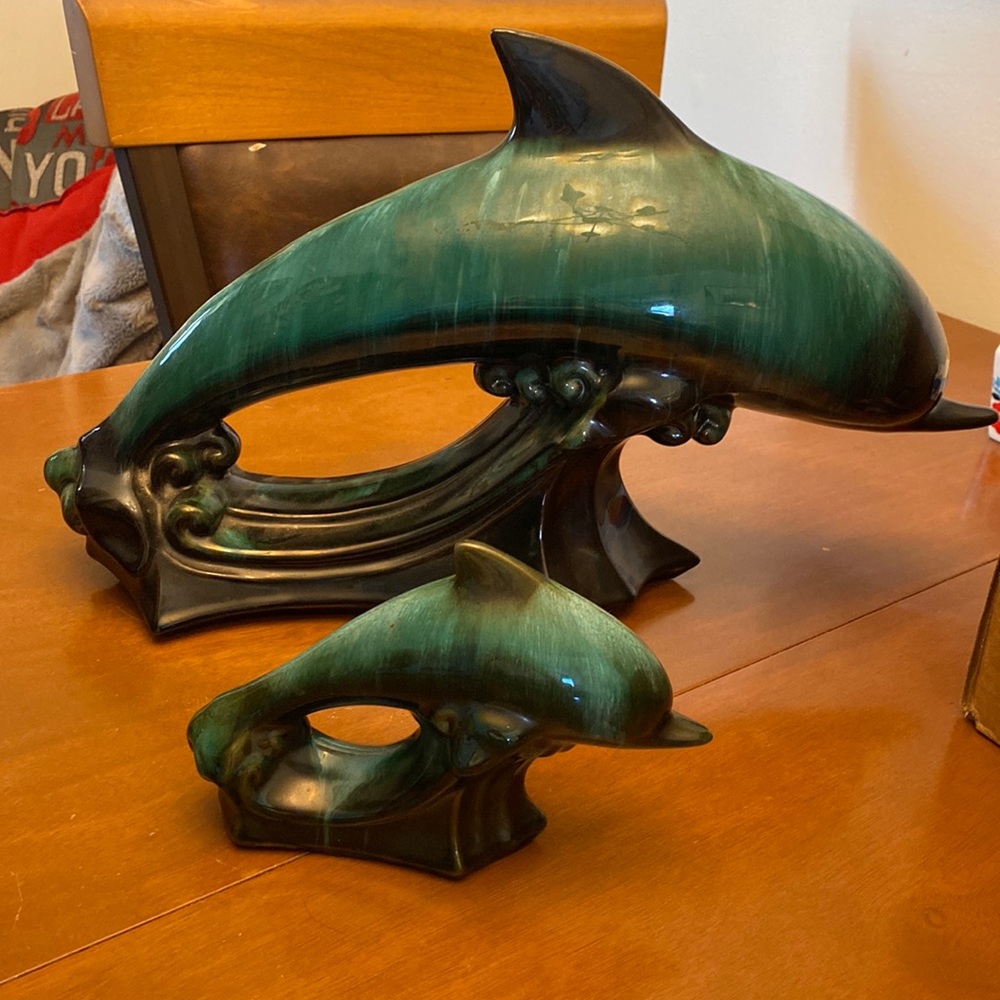 2 Blue Mountain Pottery Dolphins.